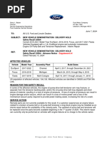 Ford Safety Recall - Instructions To Dealerships