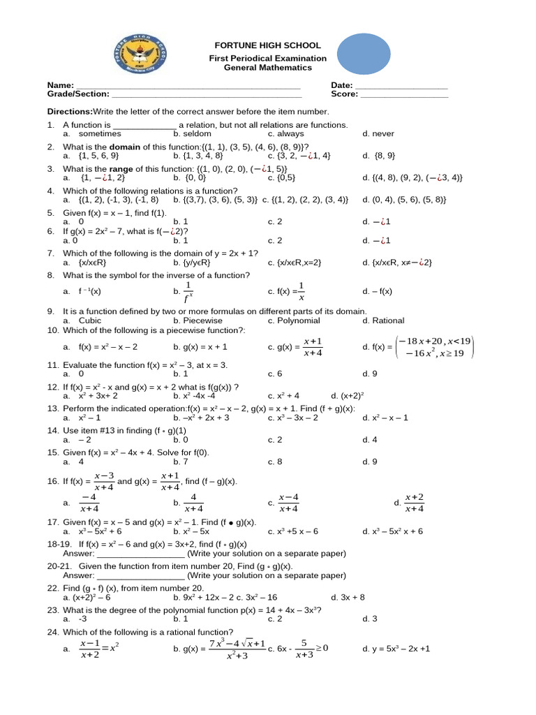 1st Periodical Examination in Gen Math | PDF | Function (Mathematics ...