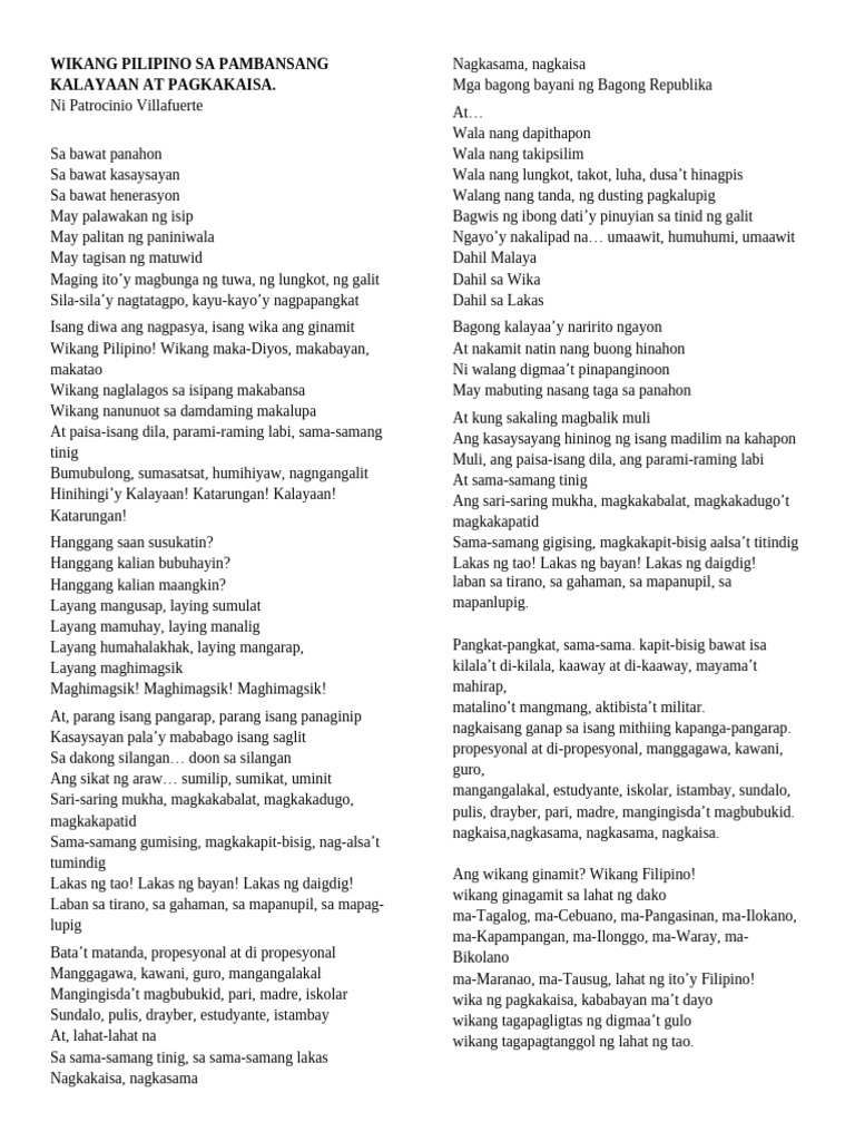 Wikang Pilipino Sa Pambansang Kalayaan at Pagkakaisa | PDF