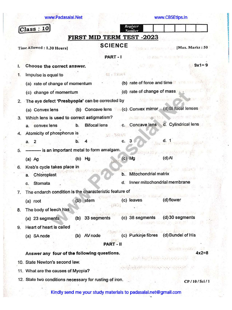 10th Science EM 1st Mid Term Exam 2023 Original Qu - 240724 - 184923 | PDF