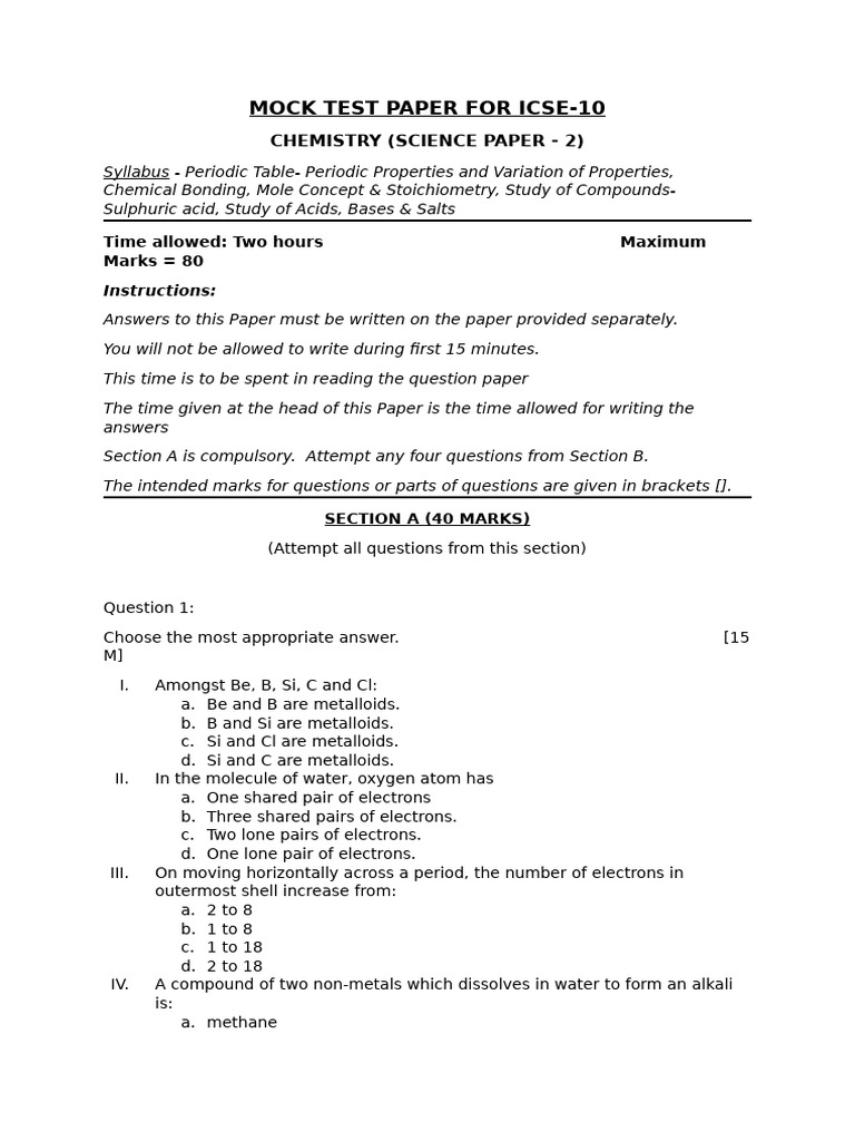 Mock Test Paper For Icse-10 | PDF