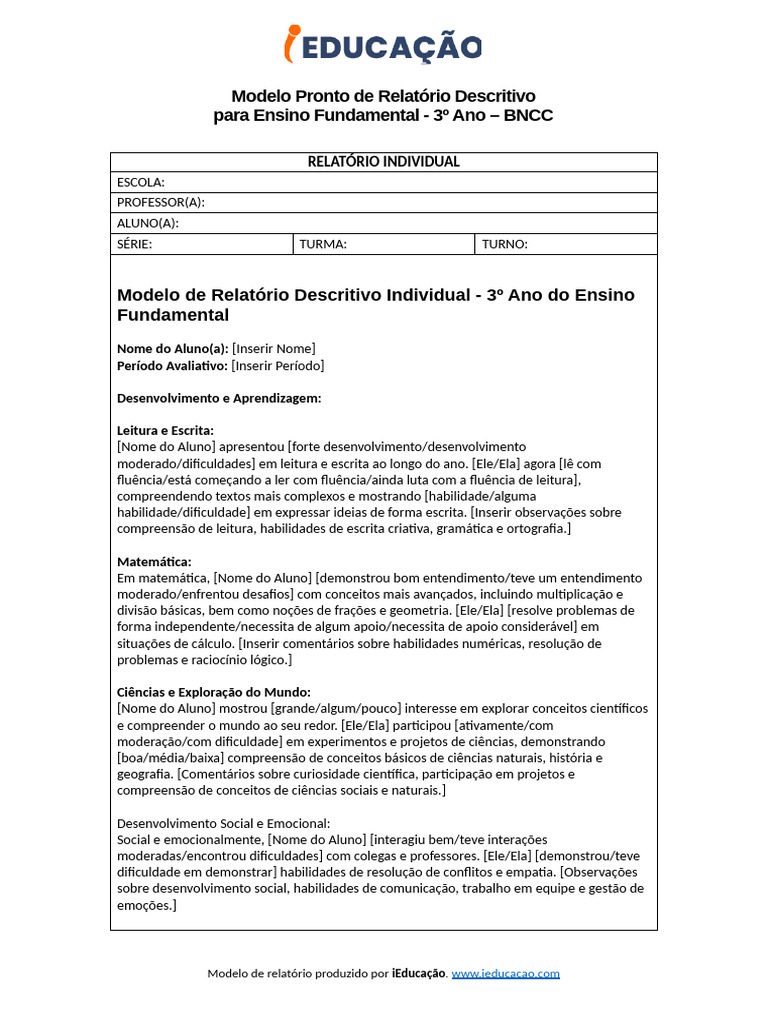 Modelos Prontos de Relatório Individual para Ensino Fundamental - 3º ...