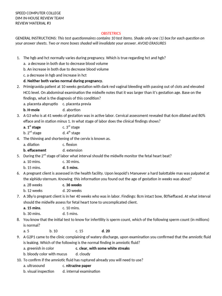 Obstetrics Review Test Questions | PDF | Childbirth | Pregnancy