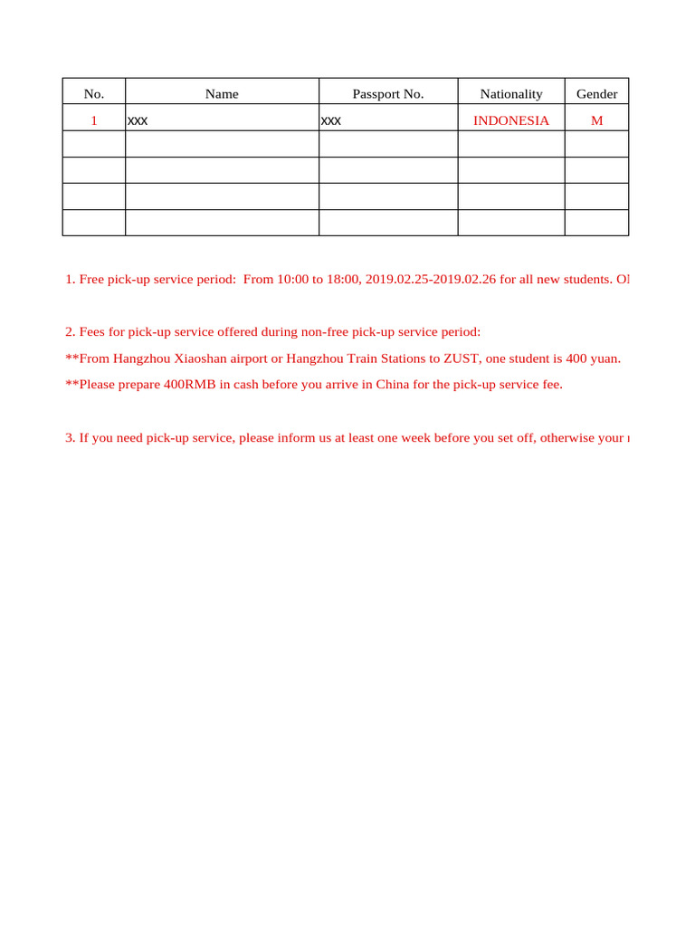 ZUST Pick Up+Service+Form+2019 +sample | PDF