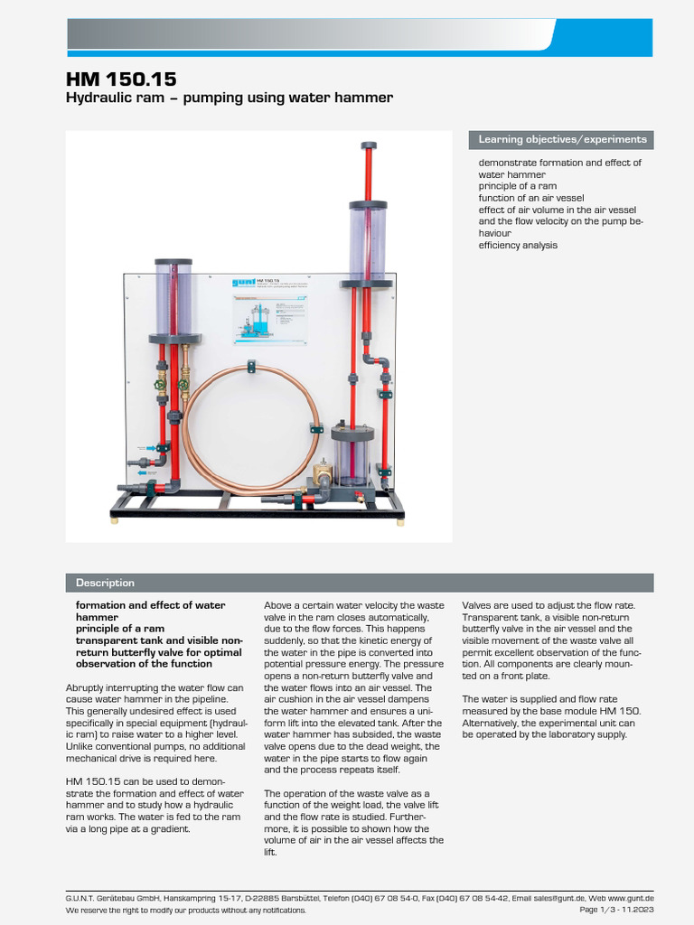 HM 150.15 Hydraulic Ram - Pumping Using Water Hammer Gunt 562 PDF - 1 ...