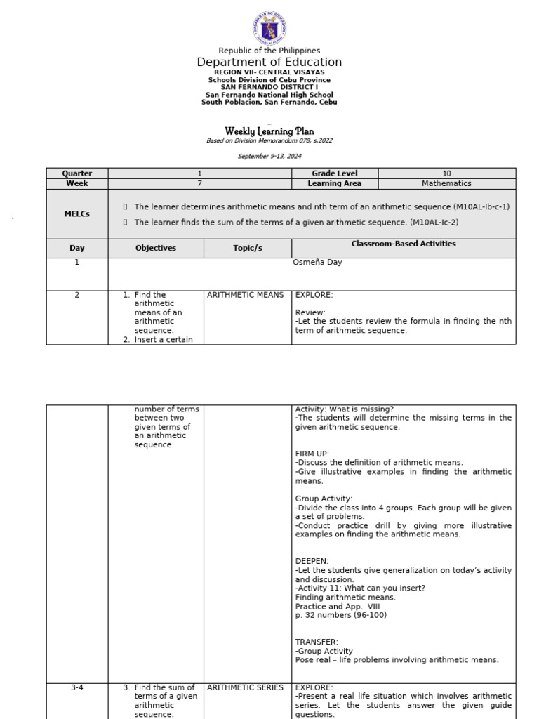 Math 10 Weekly Learning Plan Quarter 1 Week 7 | PDF