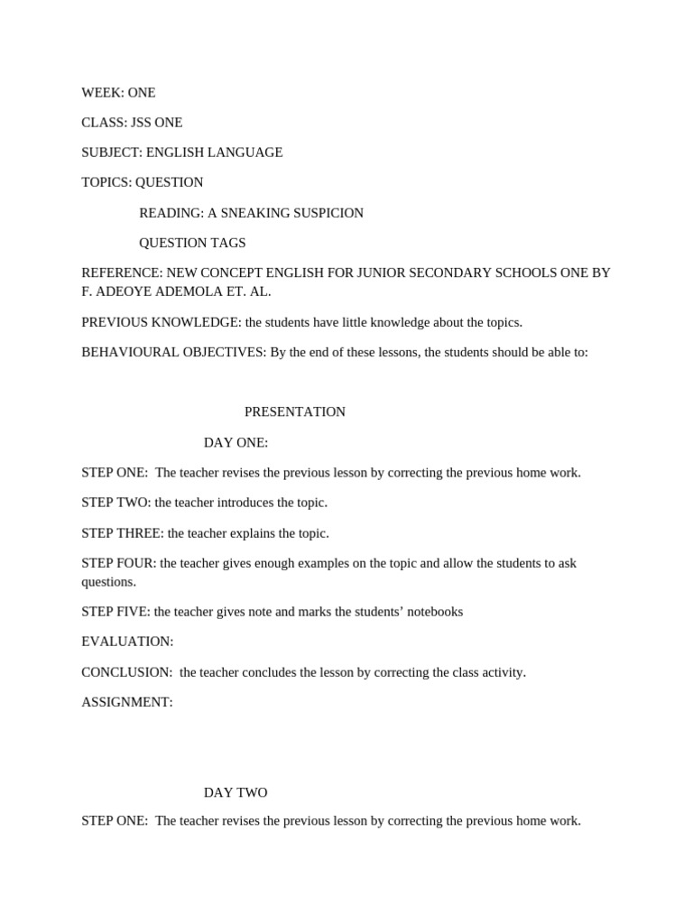 JSS1 English Language Lesson Plan | PDF