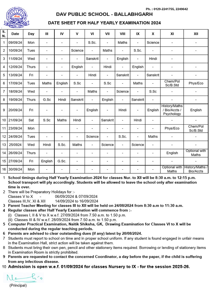 GTK - Date Sheet Half Yearly 2024 | PDF