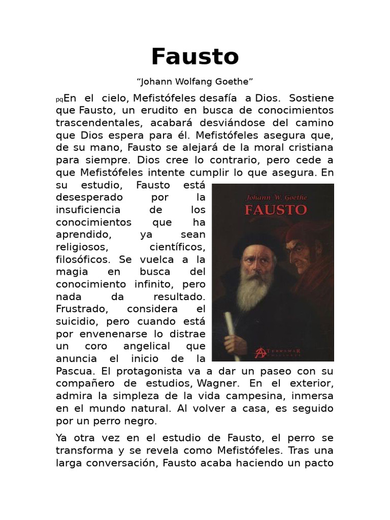 Argumento de La Obra Literaria (FAUSTO) de Johann Wolfgang Goethe | PDF