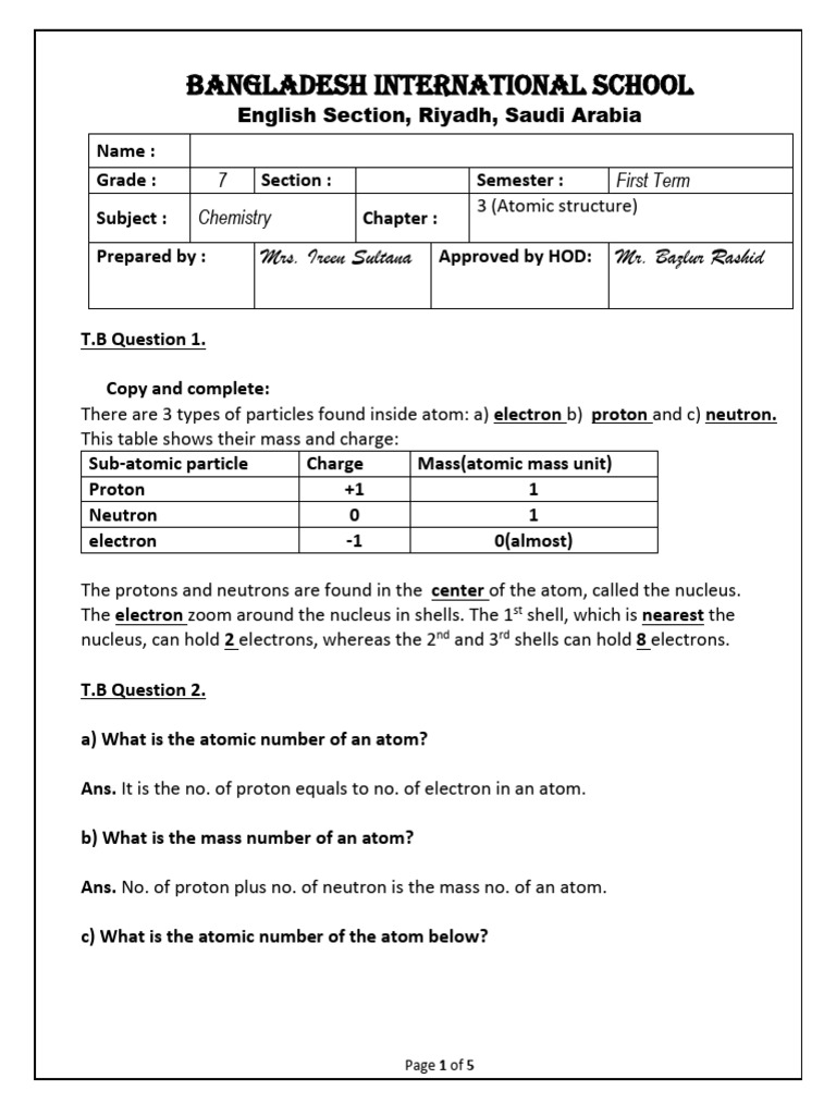 Chemistry Worksheet GR 7 CH 3atomic Structure | PDF
