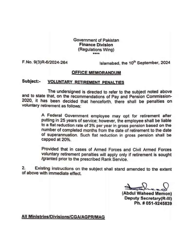 Notification Voluntary Retirement Penalties 2024 (Federal Govt) | PDF