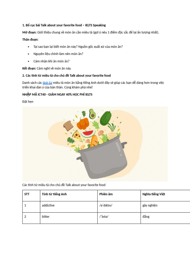 1. Bố cục bài Talk about your favorite food - IELTS Speaking Mở đoạn ...