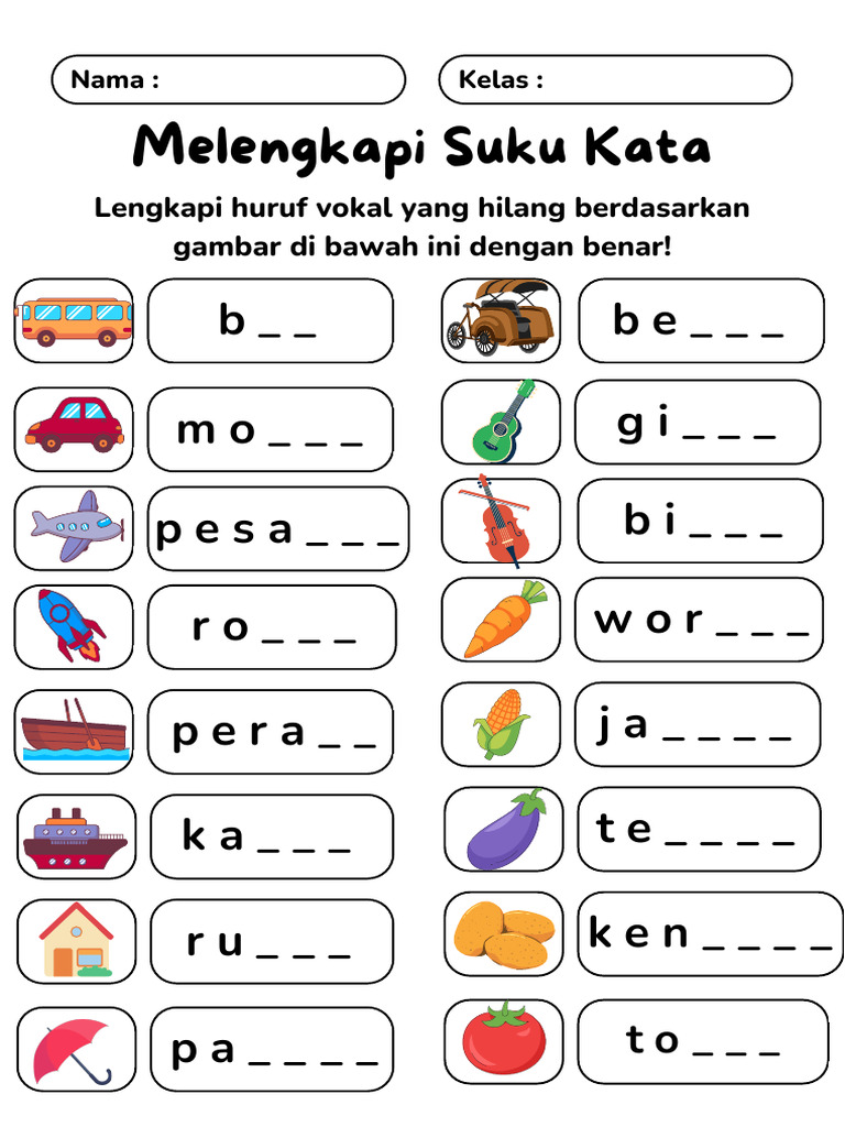 Melengkapi Huruf Vokal Lembar Kerja Bahasa Indonesia Kuning Sederhana