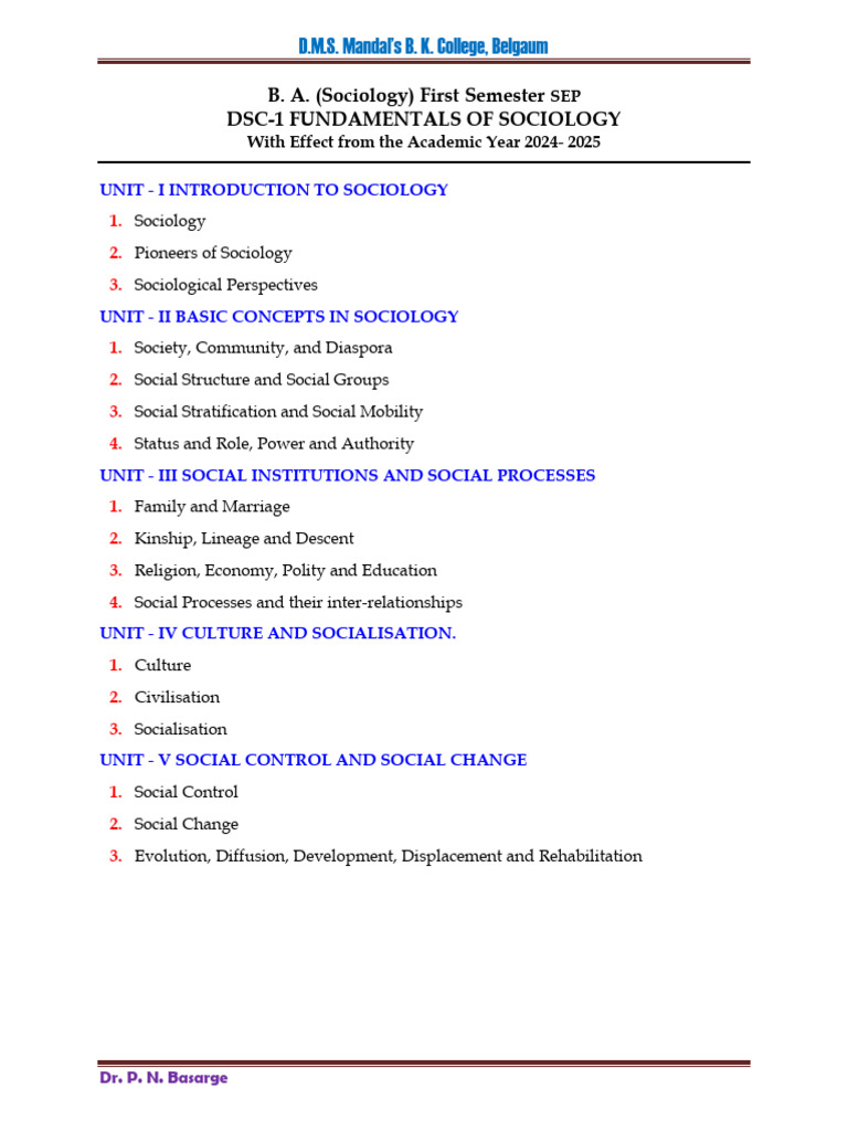 DSC1 Sociology Syllabus 2024-25 | PDF
