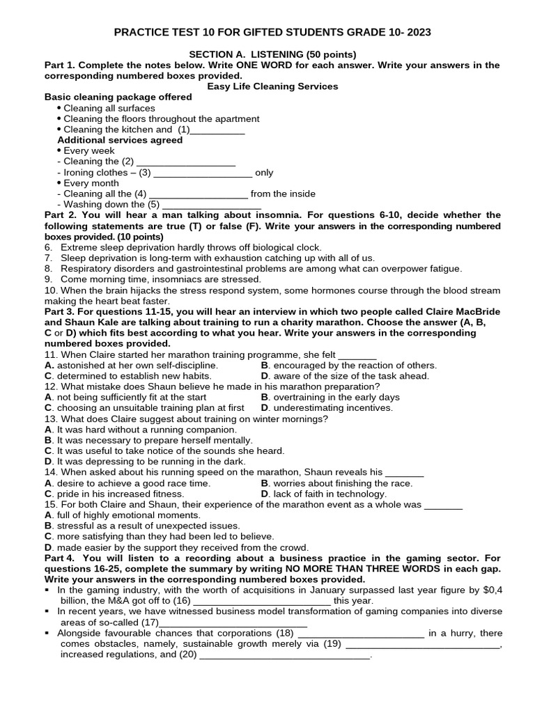 Practice Test 10 For Gifted Students Grade 10 | PDF