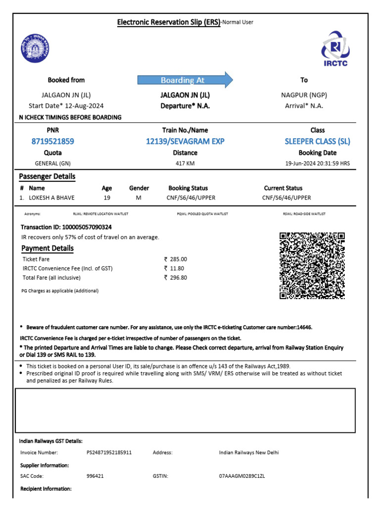 12139/SEVAGRAM EXP Sleeper Class (SL) | PDF