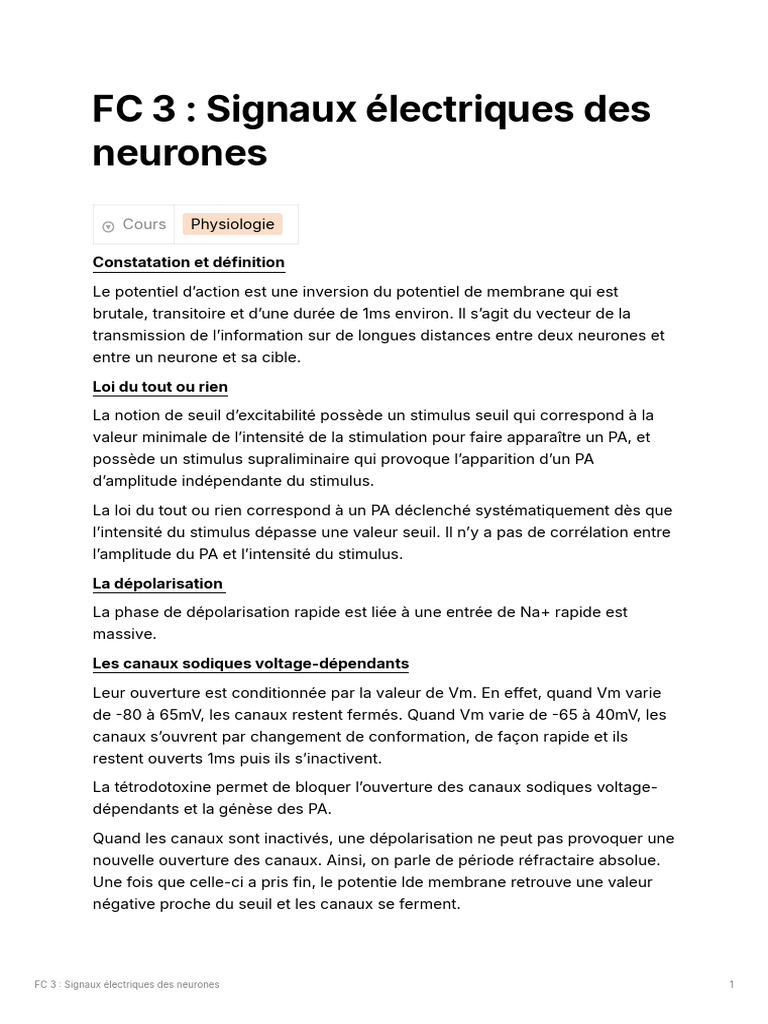 FC 3 Signaux Électriques Des Neurones | PDF