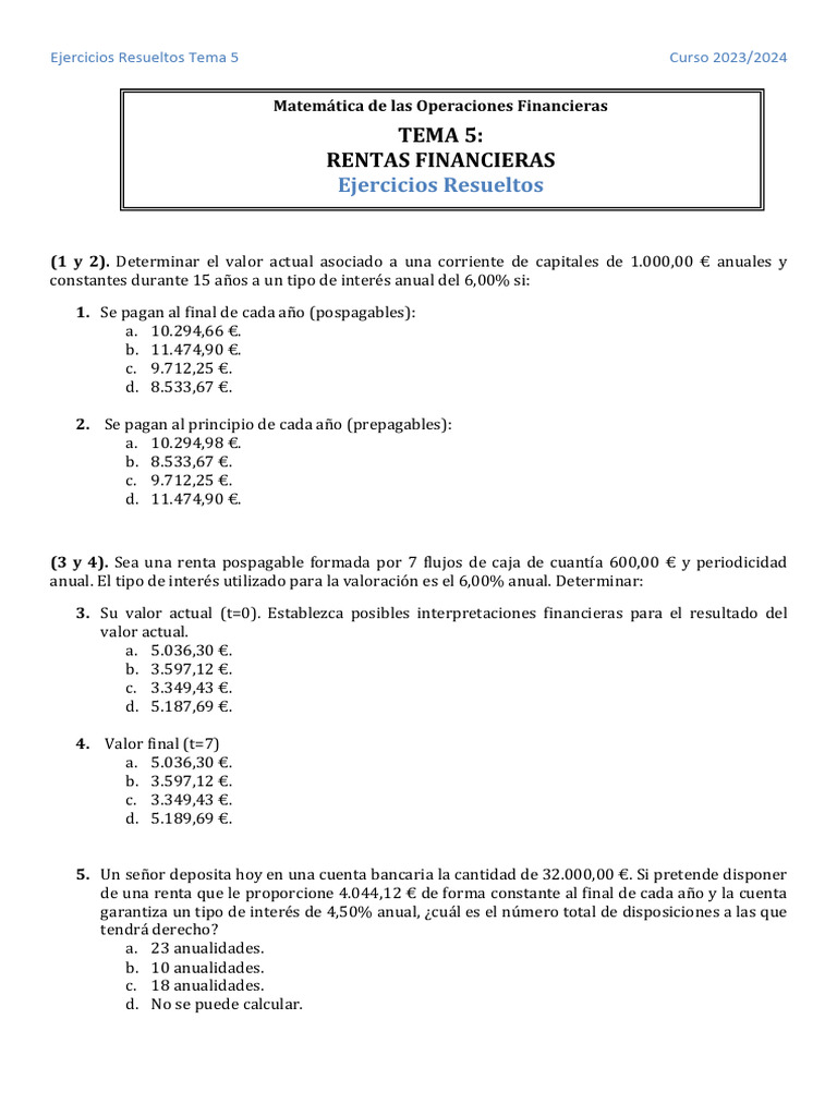 Ejercicios T5 Resueltos 2023-24 | PDF | Interés | Finanzas y dinero