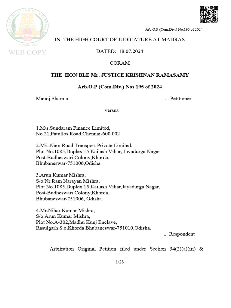 The Hon'Ble Mr. Justice Krishnan Ramasamy Arb.O.P (Com - Div.) Nos.195 ...
