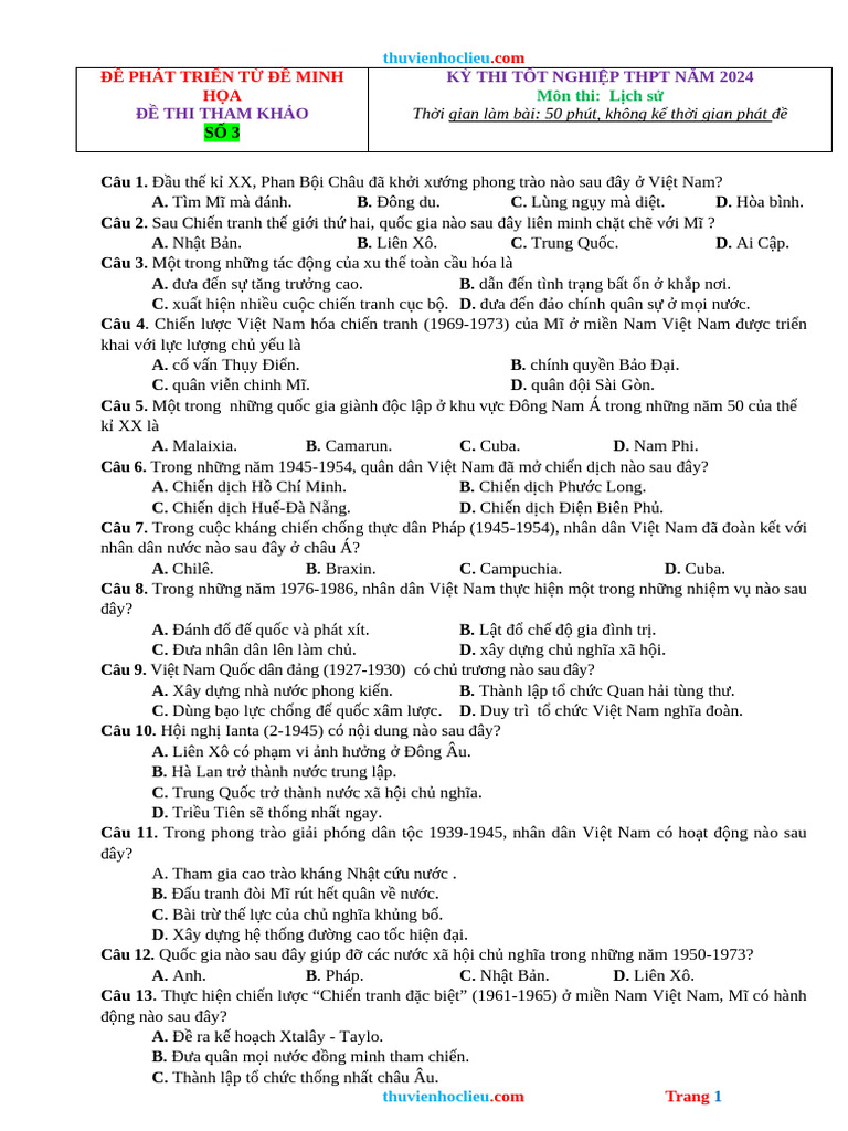 De Thi Thu TN THPT 2024 Lich Su Phat Trien Tu de Minh Hoa de 3 | PDF