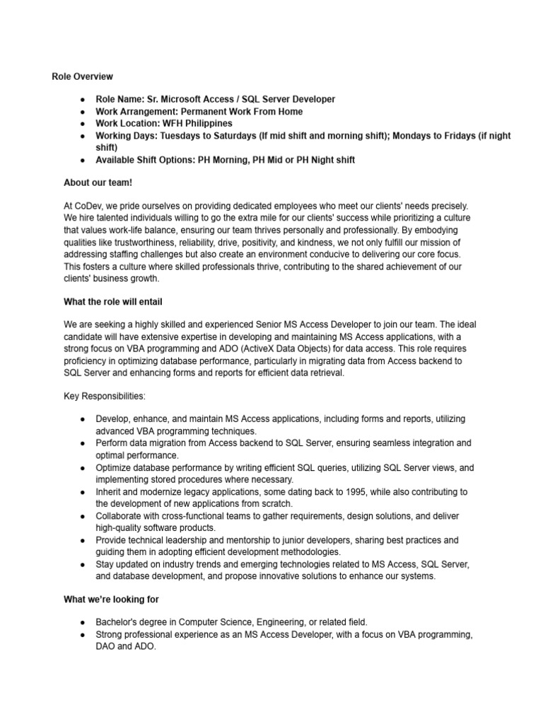 Sr microsoft access sql server developer wfh pdf