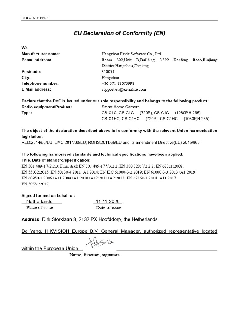 Ec Declaration of (CS-C1C, CS-C1C (720P), CS-C1C (1080P, H.265), CS ...