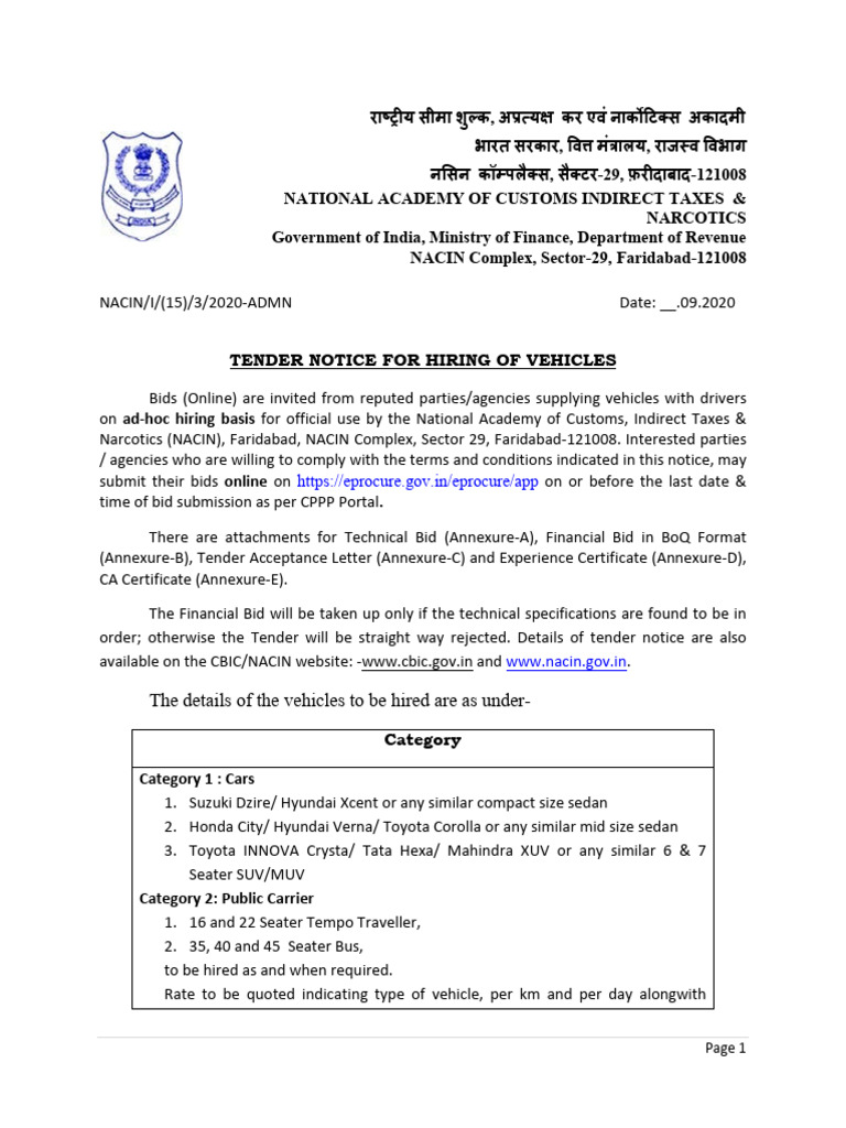 Tender Hiring Vehicles | PDF