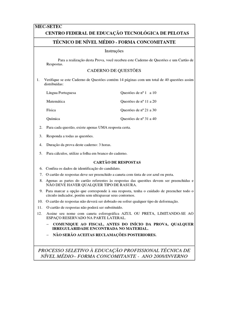 Ensino Tecnico Concomitante - Provas | PDF