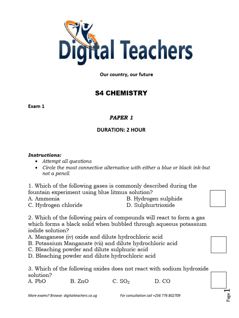 S4 Chemistry Paper 1 Set 1 Pdf