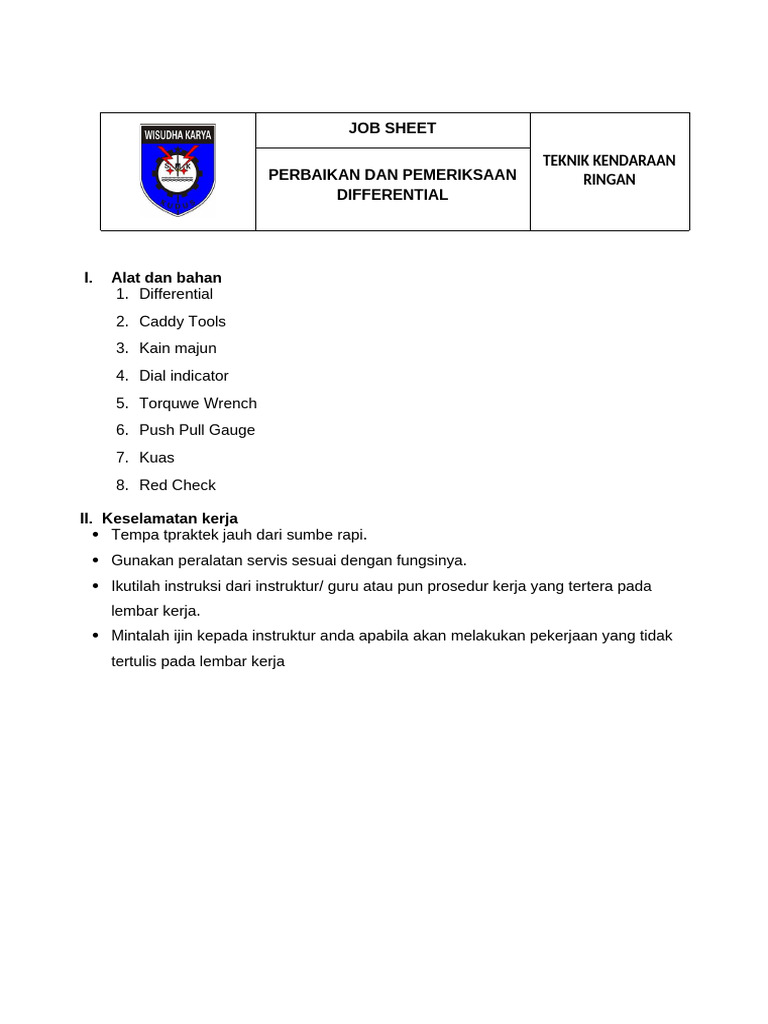 Job Sheet Pemeliharaan Diferential | PDF