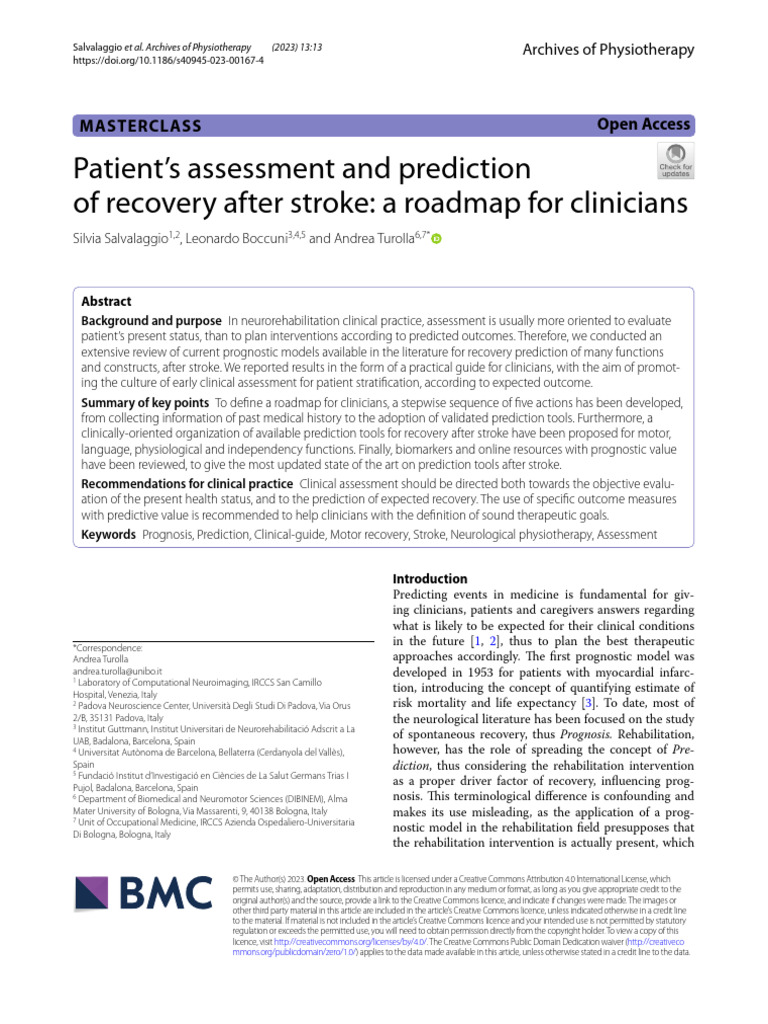 Patient's Assessment and Prediction of Recovery After Stroke: A Roadmap ...