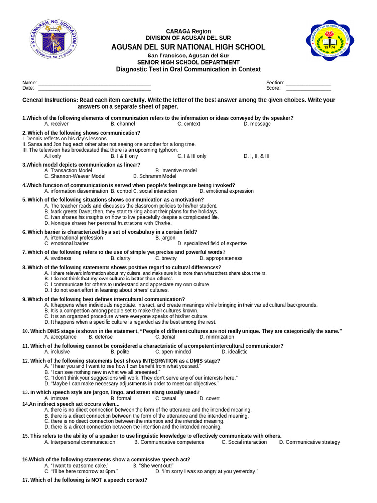 Diagnostic Test in Oral Communication 2 | PDF