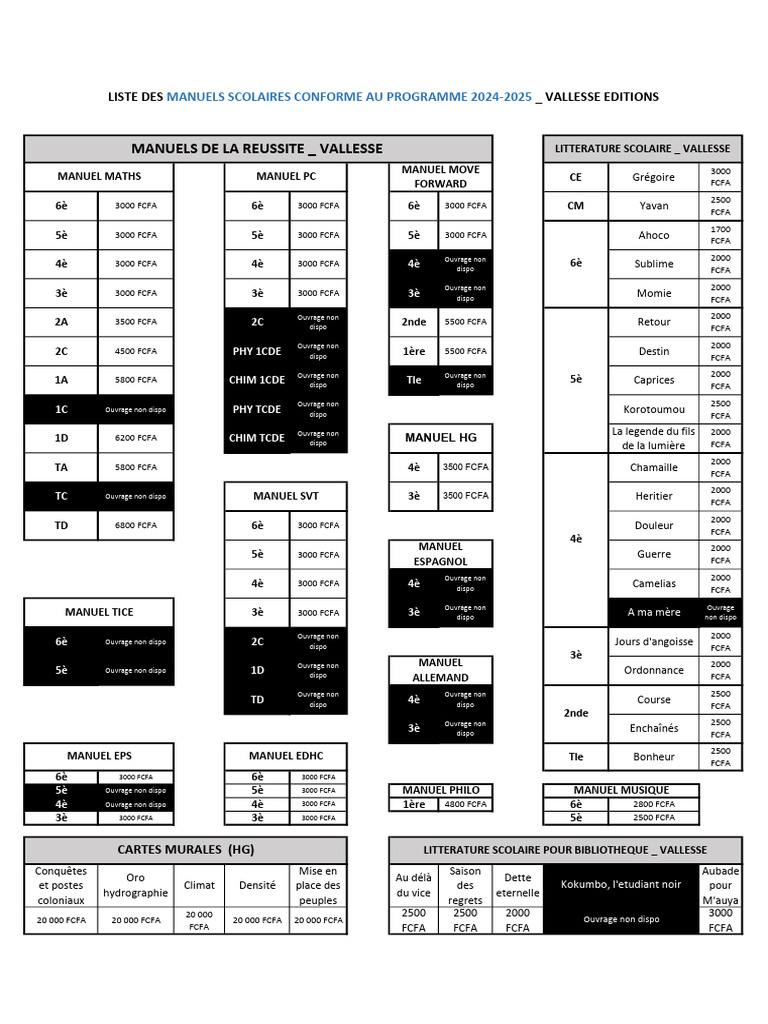 LISTE _ OUVRAGES SCOLAIRES CONFORMES AU PROGRAMME 2024-2025 _ VALLESSE ...