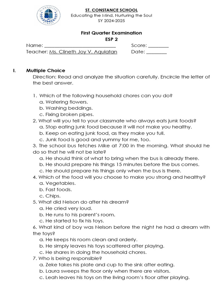 ESP 2 First Quarter Exam Guide | PDF