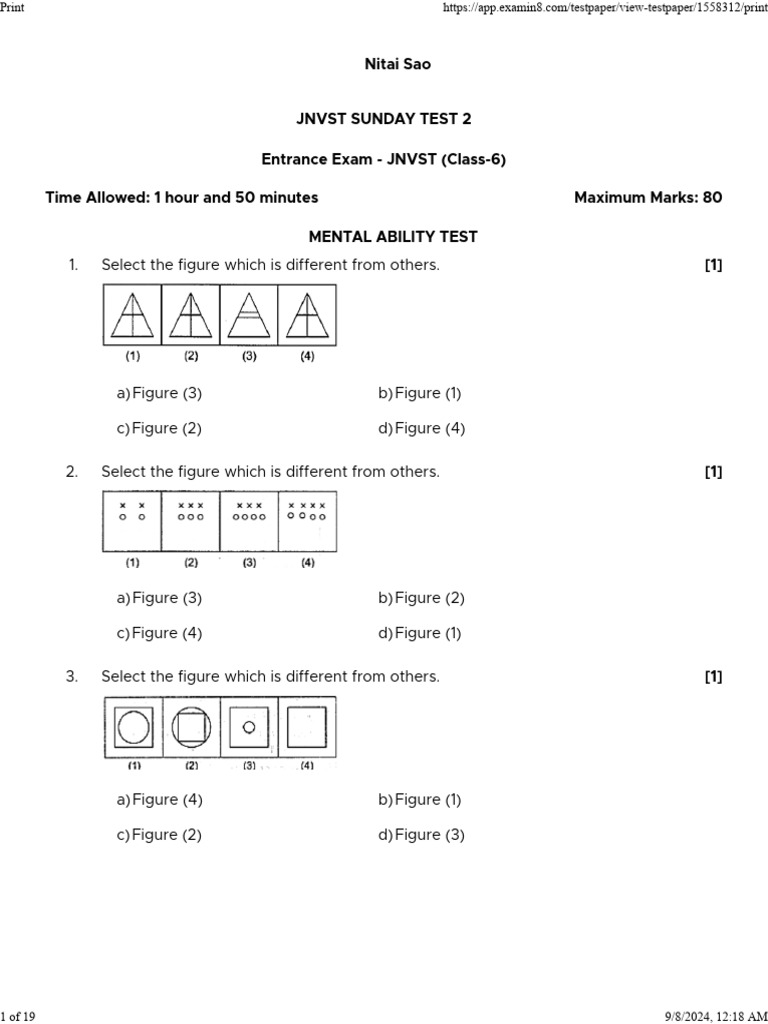 JNVST Sunday Test 2 19 Page | PDF