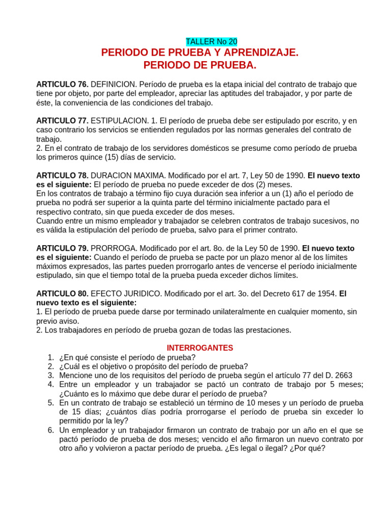 TALLER No 20 PEREÍODO DE PRUEBA Y APRENDIZAJE | PDF