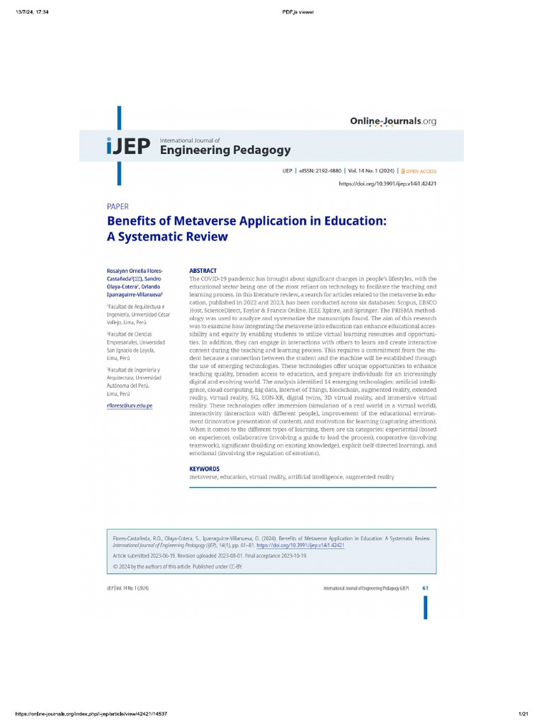 Benefits of Metaverse Application in Education A Systematic Review | PDF