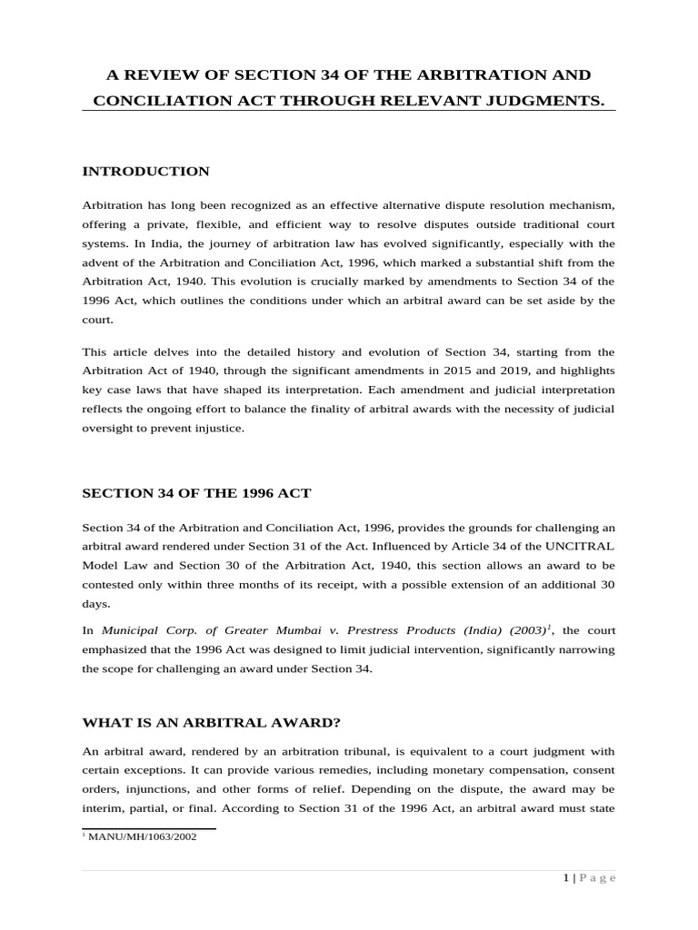 A Review of Section 34 of The Arbitration and Conciliation Act Through ...