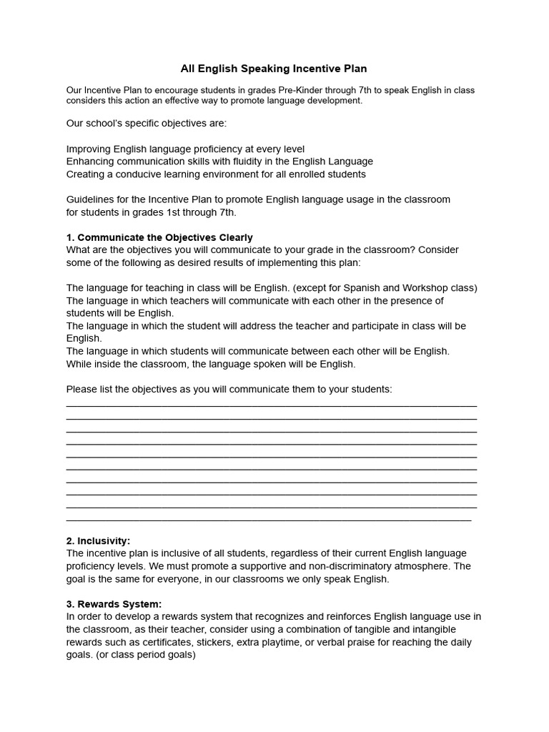 Guidelines for the incentive plan to promote english language usage in