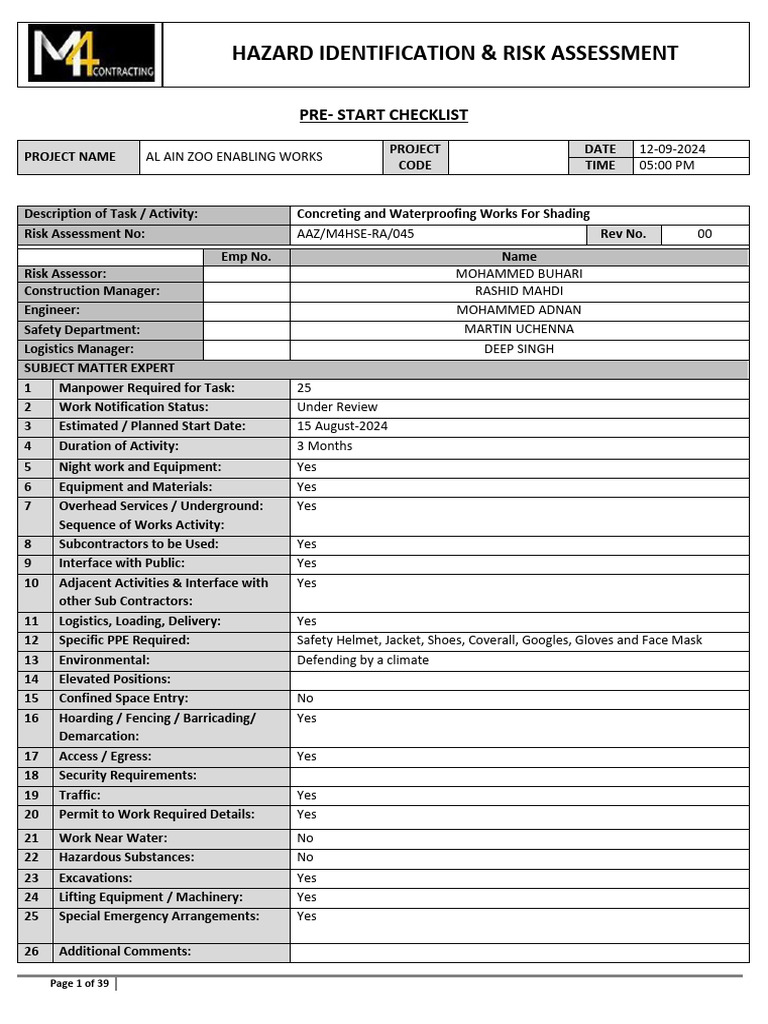 Risk Assessment For Concreting and Waterproofing Works For Shading - 12 ...