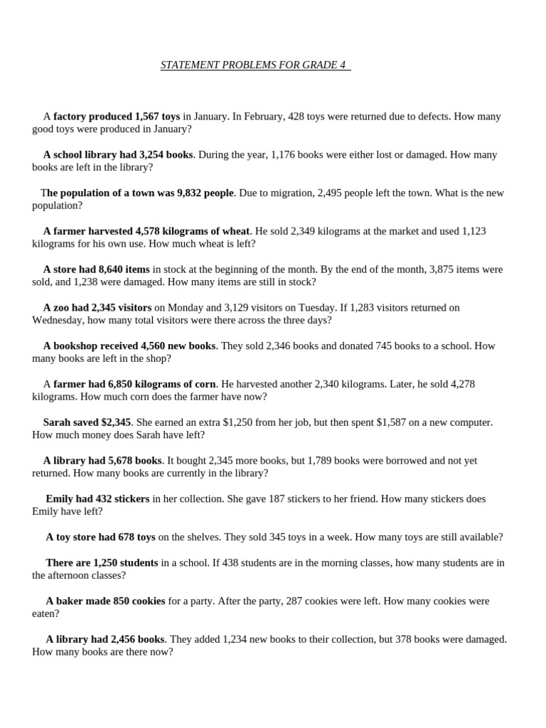 Statement Problems For Grade 4 | PDF