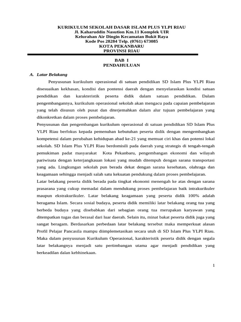 Kurikulum SDIP YLPI 2023-2024 BAB 1 | PDF