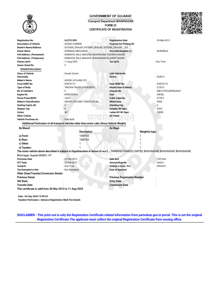 Government of Gujarat: Transport Department BHAVNAGAR Form 23 ...