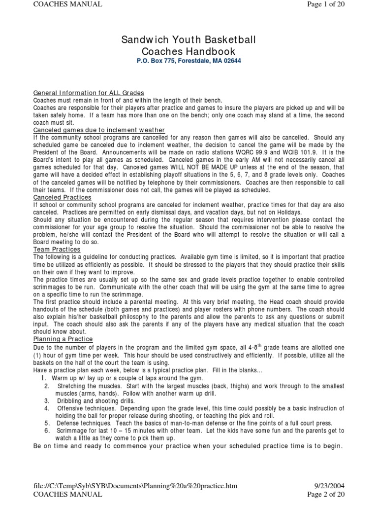 Sandwich Youth Basketball Coaches Handbook General Information For ALL