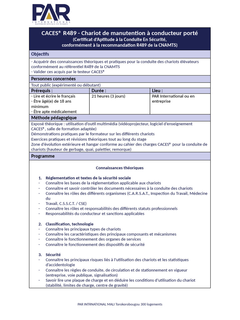 Formation CACES® R489 Chariots Élévateurs | PDF | Chariot élévateur ...