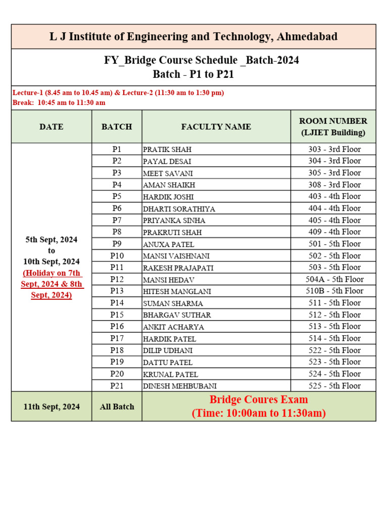 BRIDGE COURSE TIME TABLE - Batch-2024 | PDF