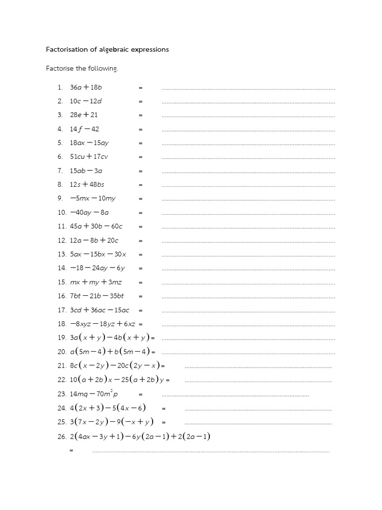 Factorisation Of Algebraic Expressions Pdf