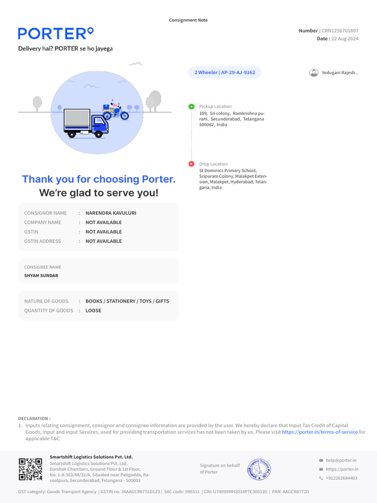 Porter Consignment Note (CRN1256701807) | PDF