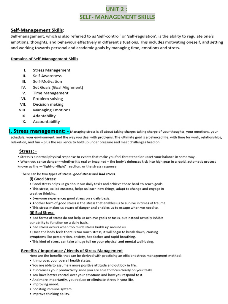 Part-A Unit-2 Self Management Skills Notes (For Writing in Copy) | PDF