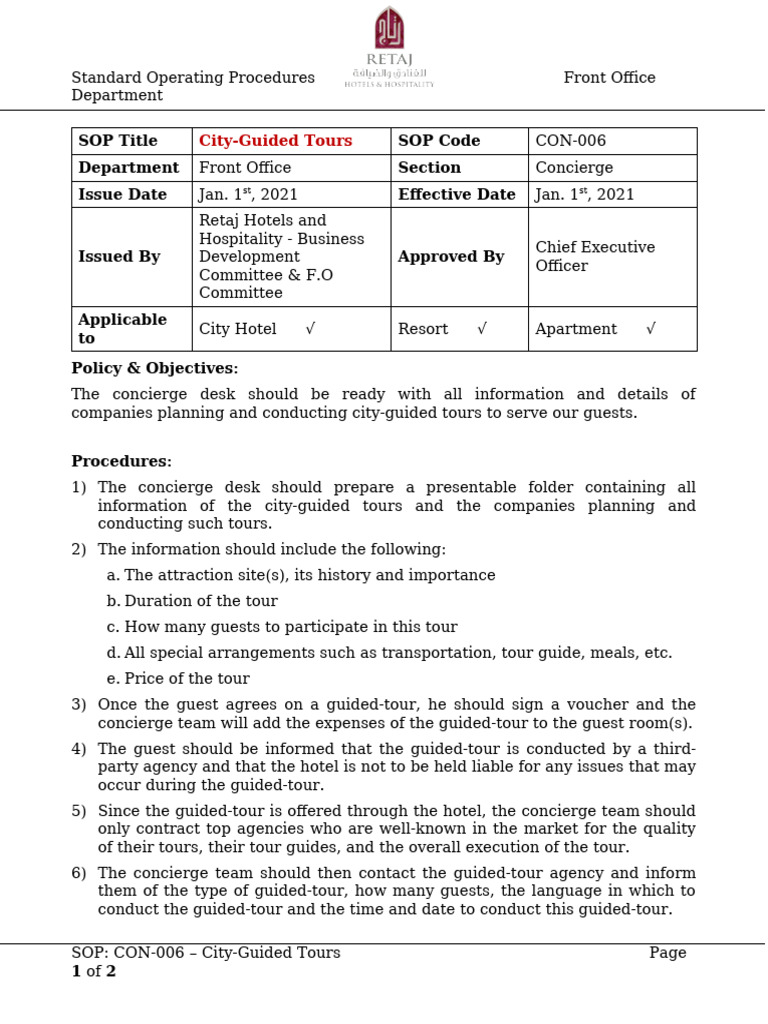 City-Guided Tour Procedures for Concierges | PDF